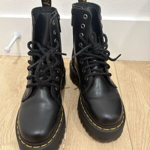Dr. Martens Black Leather Combat Boots with Yellow Stitching
